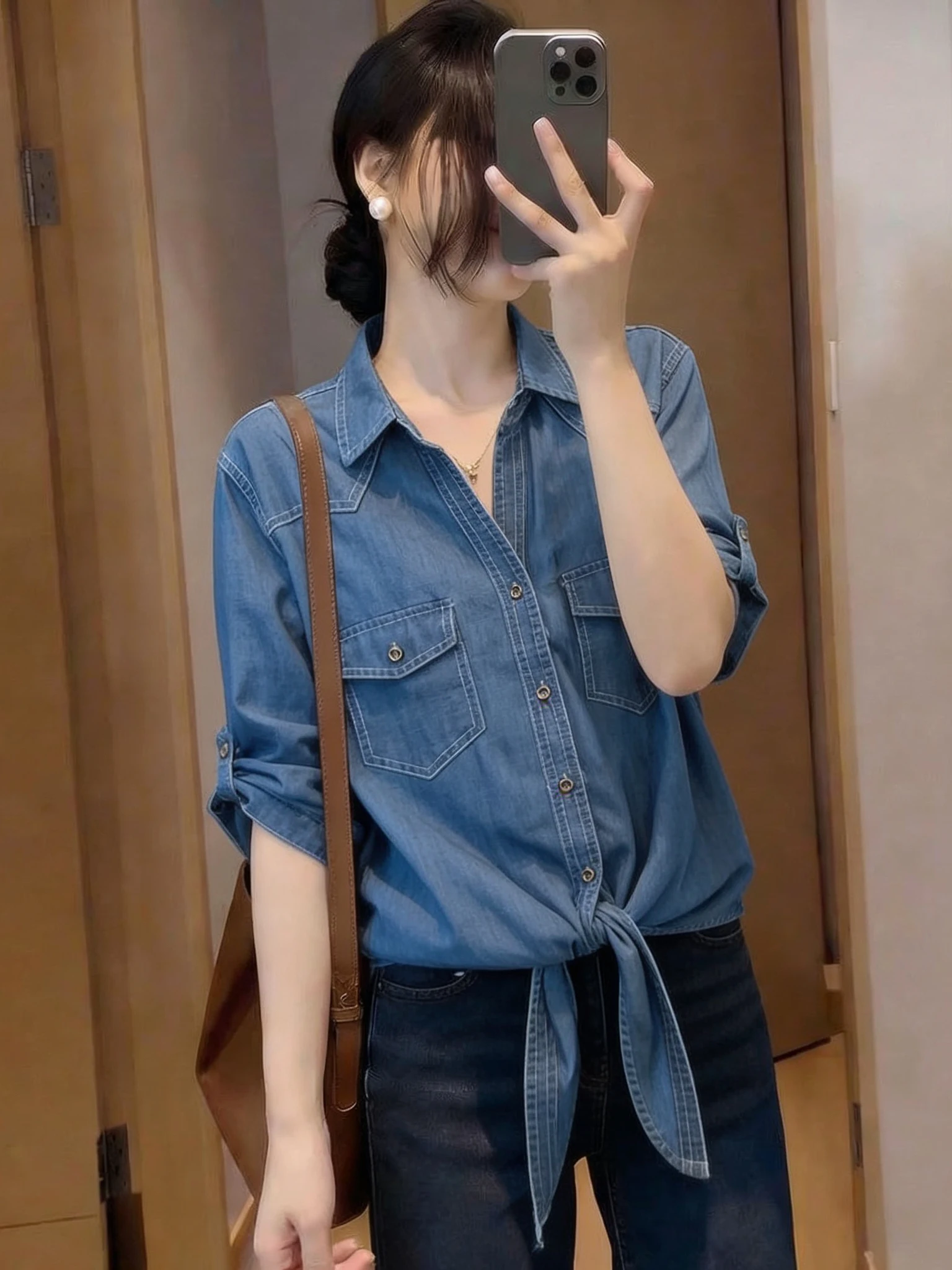 

Retro Hong Kong Style V-Neck Denim Shirt Women's Loose Fit Belted Waist Tie Sleeve Top Spring Summer New plus Size