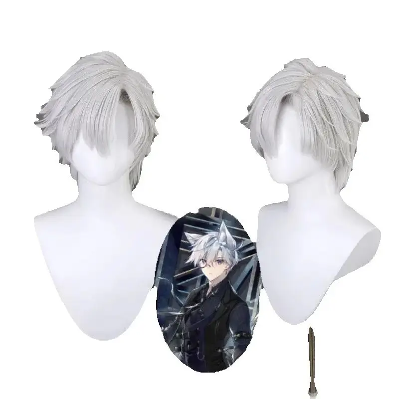 

Silver White Anime Cosplay Wig Men Short Straight Hair Spiky Layered Synthetic Wig Heat Resistant Halloween Costume Party Wig