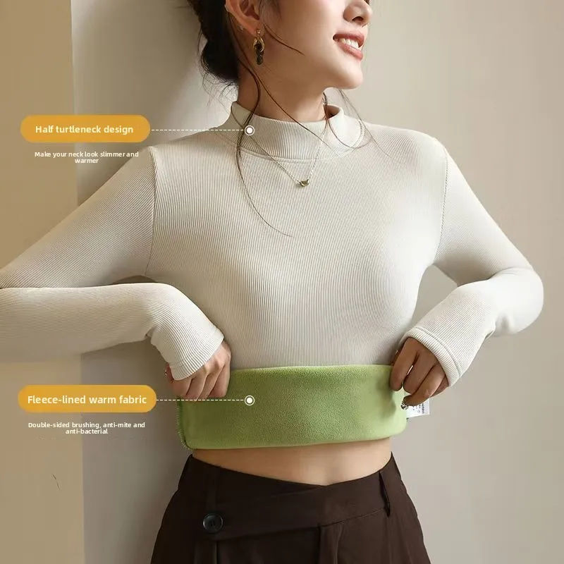 خريف شتاء جديد شبه عالية الياقة مع قاعدة مخملية سميكة قميص للنساء الخريف الدافئة طويلة الأكمام تي شيرت مع رداء علوي غير رسمي