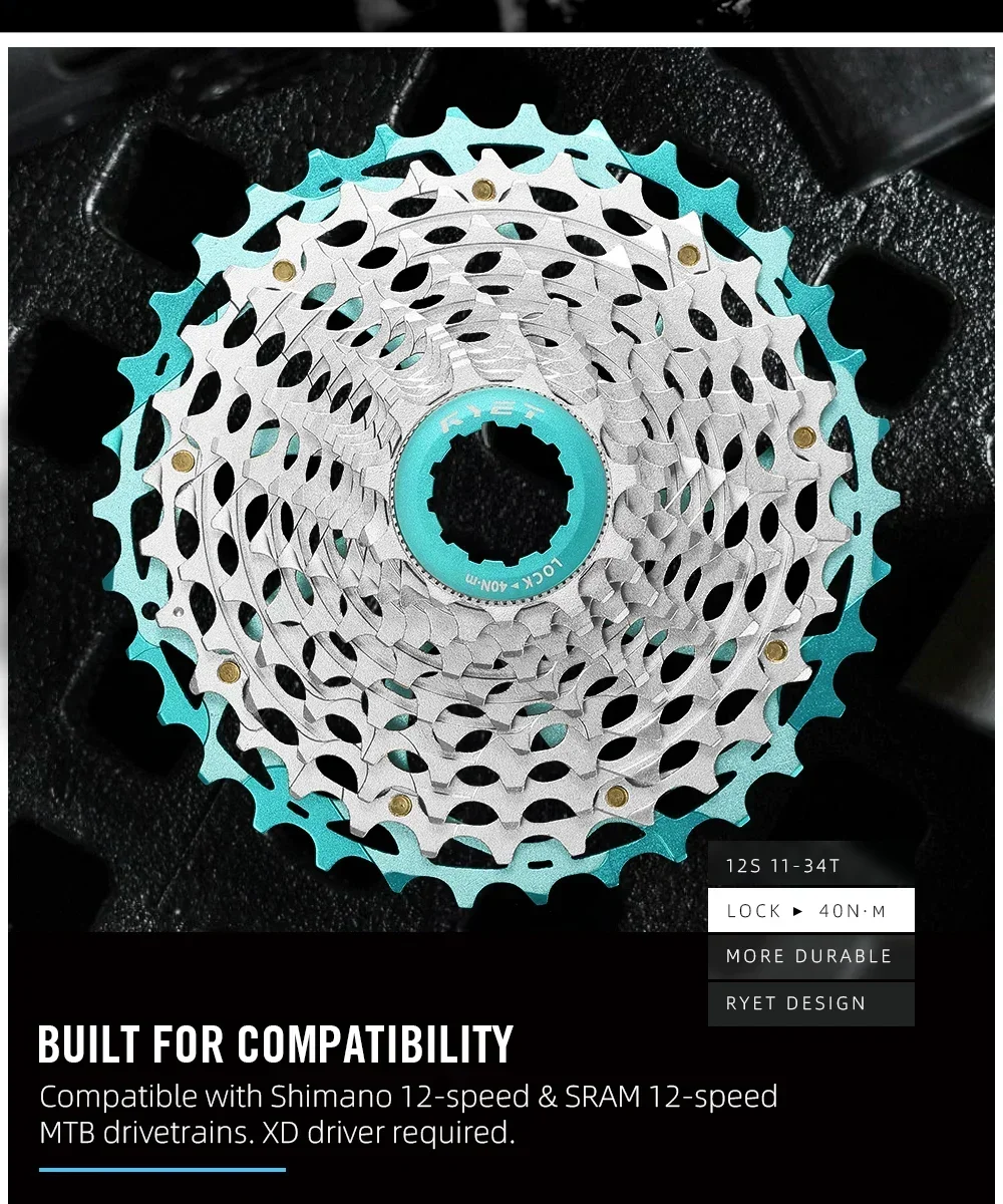2026 RYET Fahrradkassetten 11-34T 12S CNC Alu/Stahl Kassette HG für Shimano Rennrad Gravel K7 Eloxierte Farbe 12-Gang Fahrradfreilauf – Detail 4