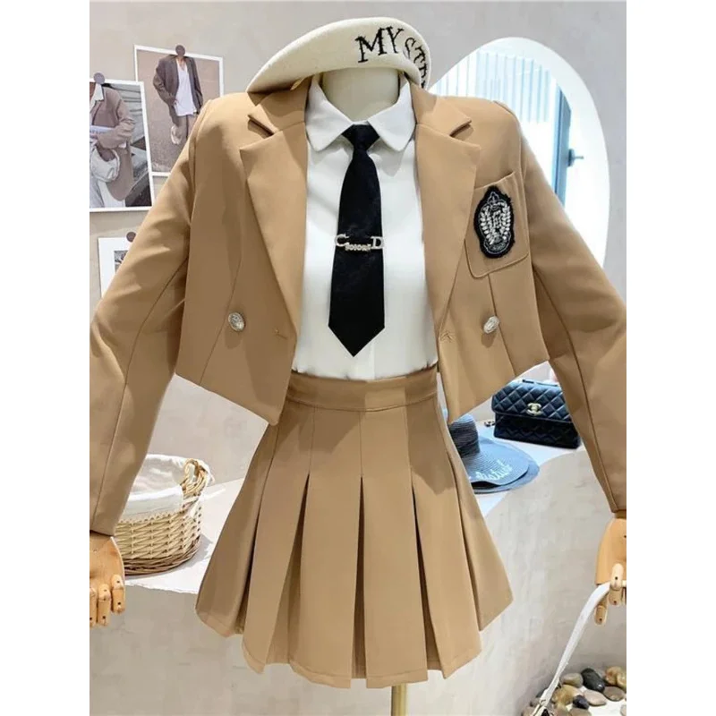 JK Preppy Suit for Women Loose Long-sleeved College Uniform Short Blazer   White Blouse   Pleated Skirt 2022SS Three-piece Sets