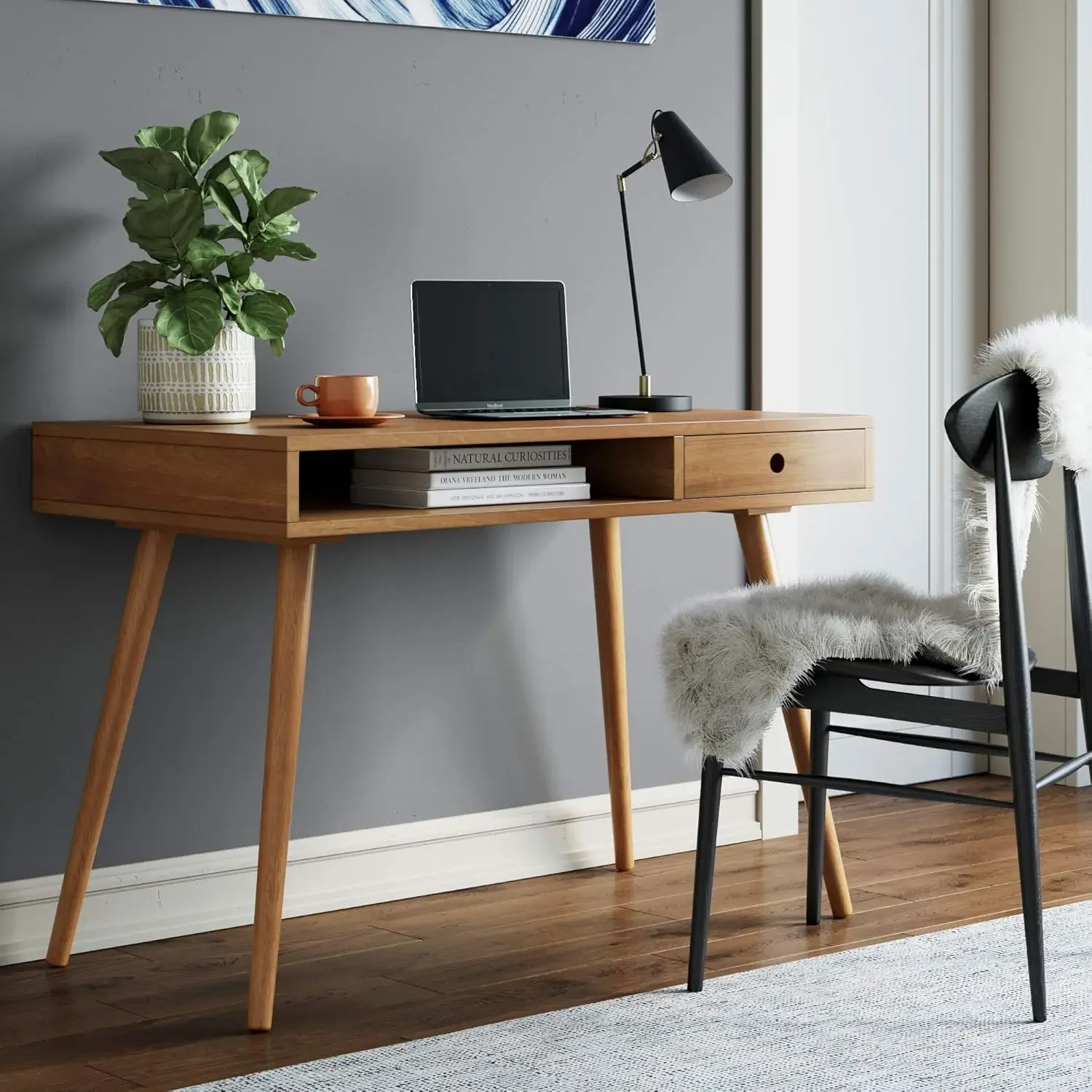 Modern Home Office Writing, Computer or Laptop Desk with Open Storage Cubby and Small Drawer, Walnut