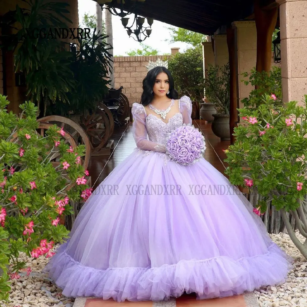 Vestido De princesa para quinceañera, manga larga, apliques De encaje con cuentas De cristal, flor dulce, púrpura, 16, 15 Años, 2024