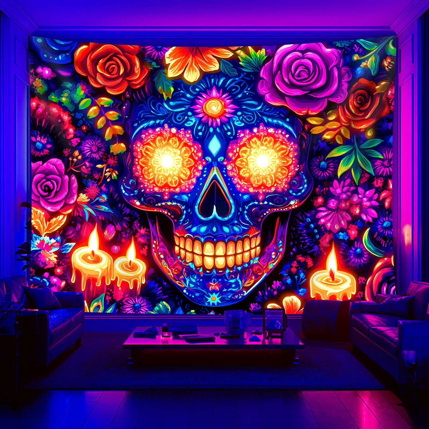 VIKAMA Skull Tapestry Eye Sockets Colorful Flowers Green Leaves Candle Living Room Sofa Backdrop Wall Room Decor