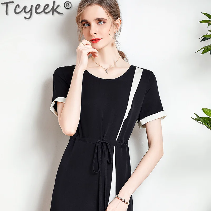 

Tcyeek 92.3% Mulberry Silk Dresses High-end Midi Dress Summer Women's Dress Elegant Dresses for Women Dress 2024 Lace-up Waist