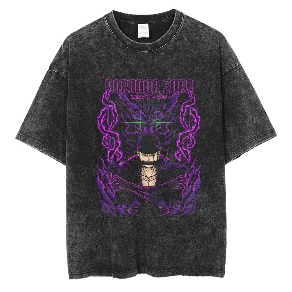 

Harajuku Fashion Streetwear Men Washed T-Shirt Japanese Anime ONE PIECE Grappler Tshirt Cotton Tops Short Sleeve Vintage Tees