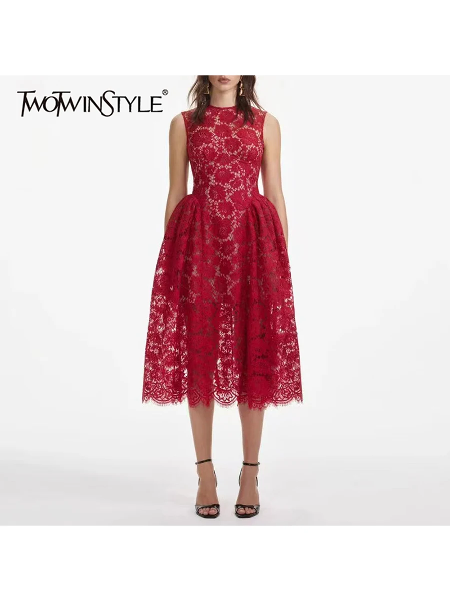 

TWOTWINSTYLE Solid Hollow Out Slimming Dresses For Women Round Neck Sleeveless High Waist Patchwork Lace Elegant Dress Female