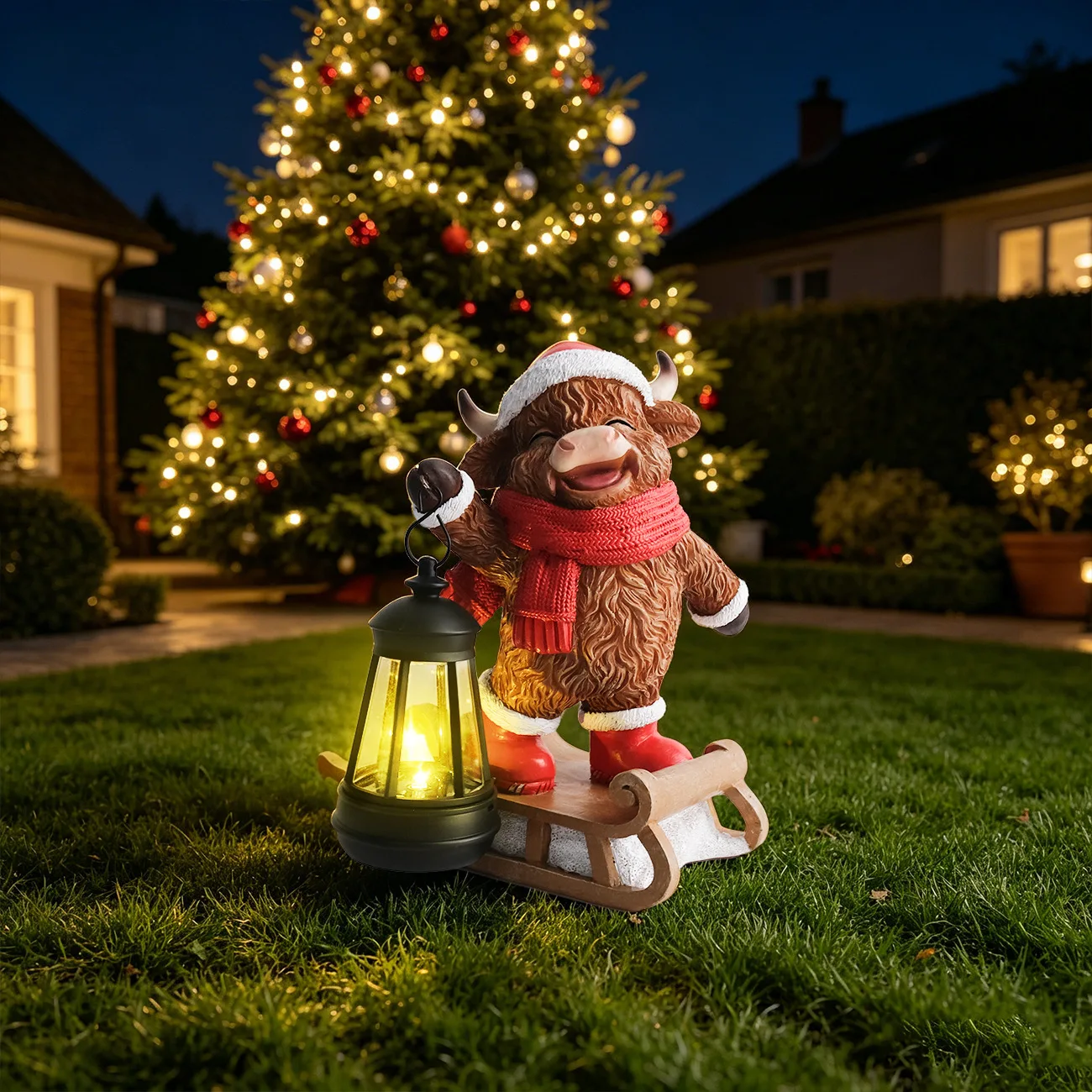 Christmas Theme Sleigh Highland Cattle Resin Crafts Ornament Outdoor Solar Light Garden Decoration Night Light