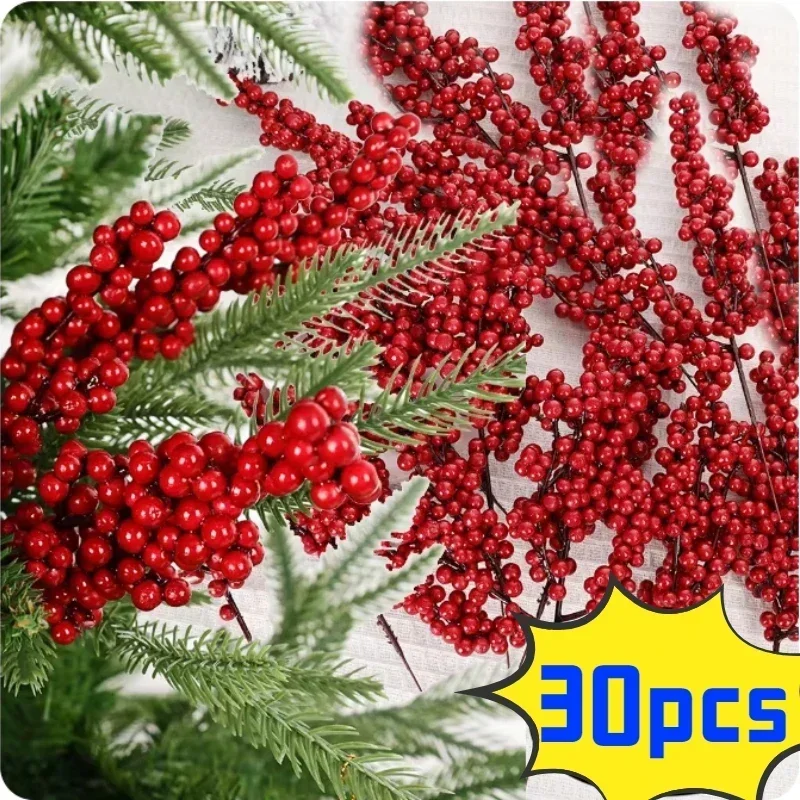 10/1Pcs Artificial Red Berries Christmas Holly Berry Branches Xmas Tree Ornaments Fake Plants For Home Navidad Party Decoration