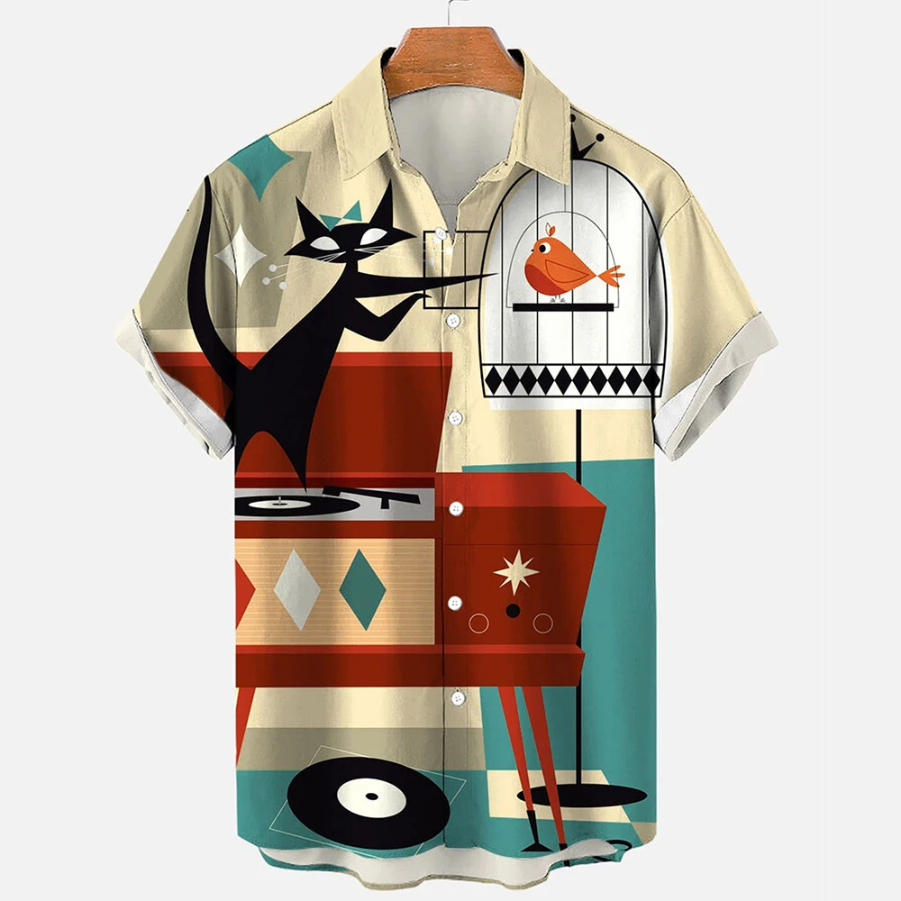 Chemise de plage hawaïenne à manches courtes pour hommes, vêtements décontractés à revers, imprimé animal de dessin animé, chat, anime vintage, été