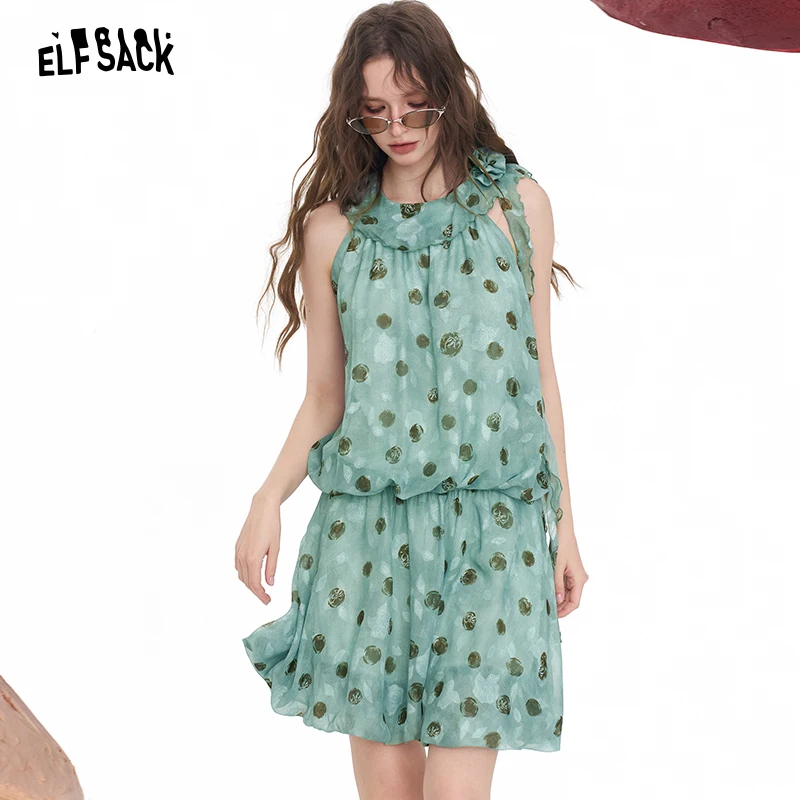 ELFSACK Vestido halter verde menta con lunares para mujer, cuello con volantes y cinta de rosas, vestido informal tejido con cintura elástica