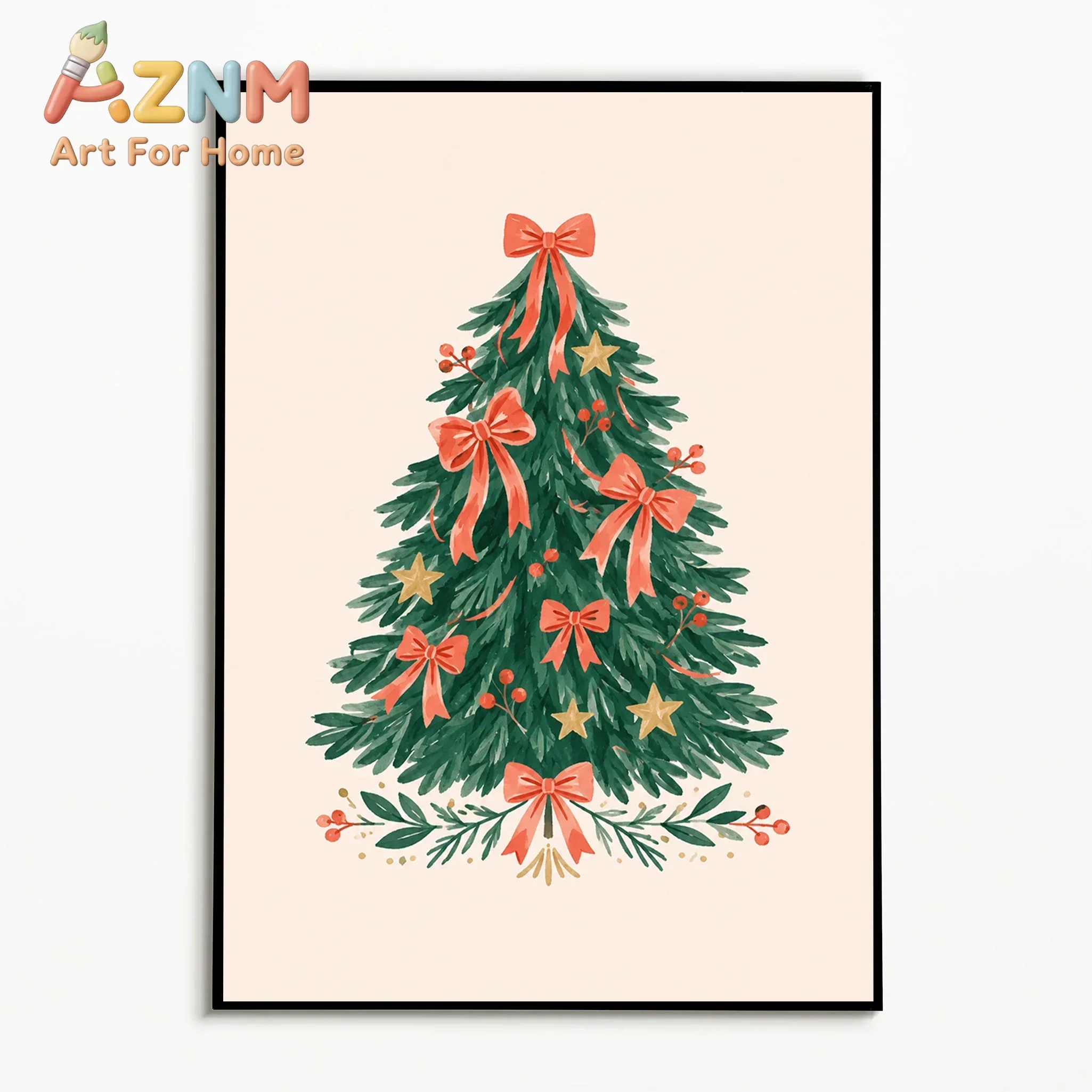 Multiple sizes 1pc frameless Large size Canvas Painting,1PC,Watercolor Wall Art Christmas Tree Pink Bows Posters Winter Canvas P