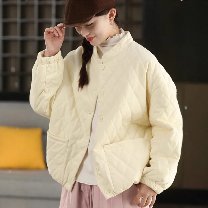 سترات نسائية شتوية كورية منقوشة من Mass Wass سترات مبطنة فضفاضة ودافئة ملابس خارجية كلاسيكية للترفيه معاطف عتيقة