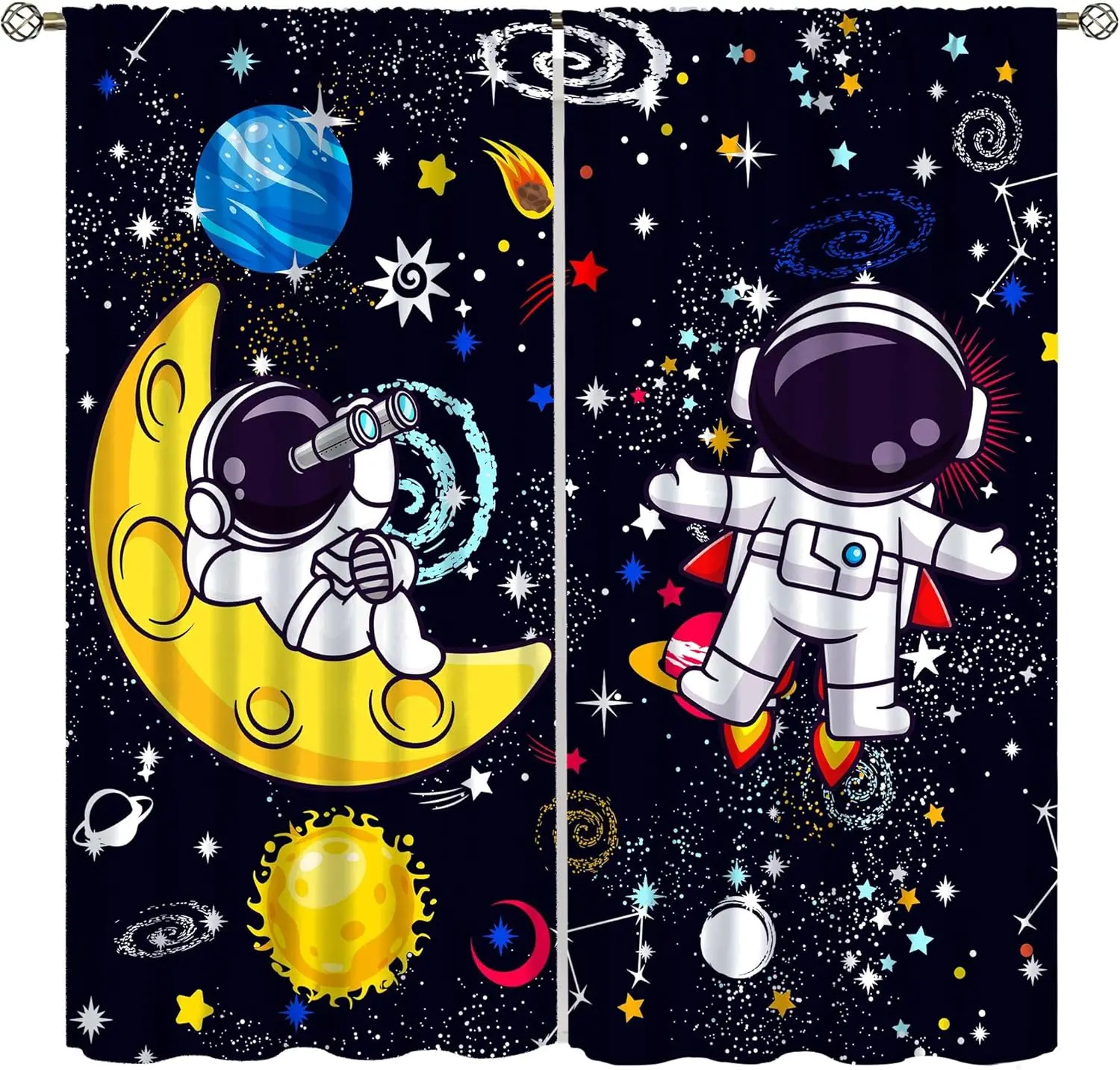 Kids Astronaut Curtains, Cartoon Cute Funny Universe Galaxy Moon Rocket Alien Spaceman Decor Window Treatments, Thermally