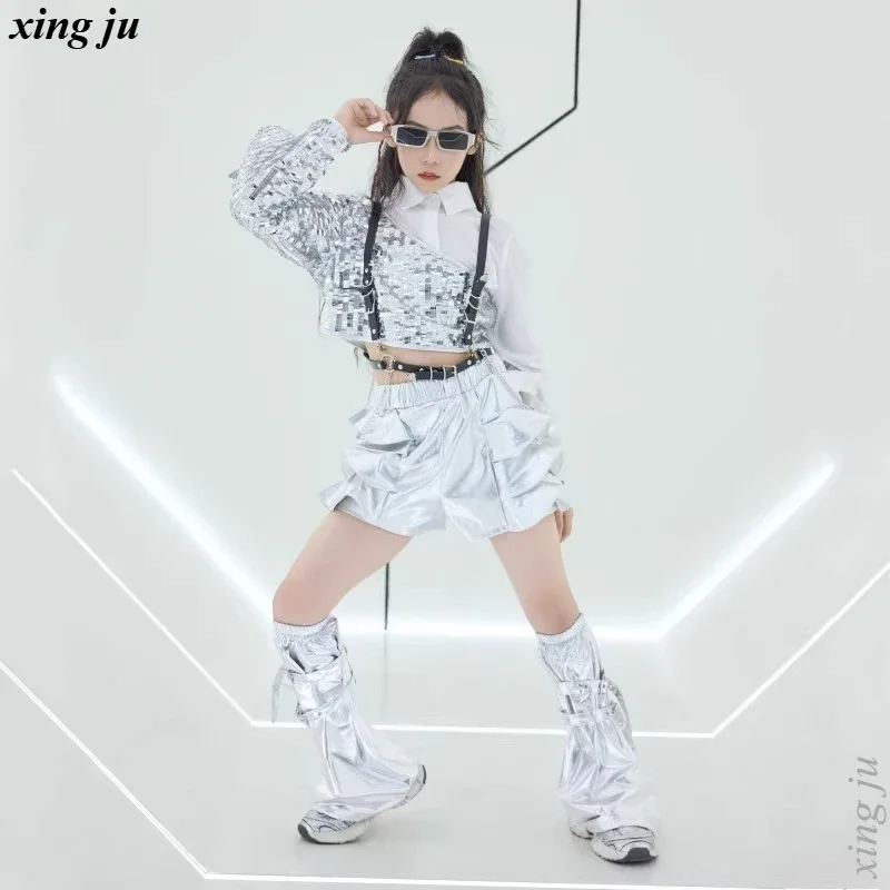 Pantaloncini elastici moda per bambini Costume da ballo jazz Ragazza Ballo di strada Top con paillettes argento Camicia bianca Abbigliamento da spettacolo teatrale Hip Hop per bambini