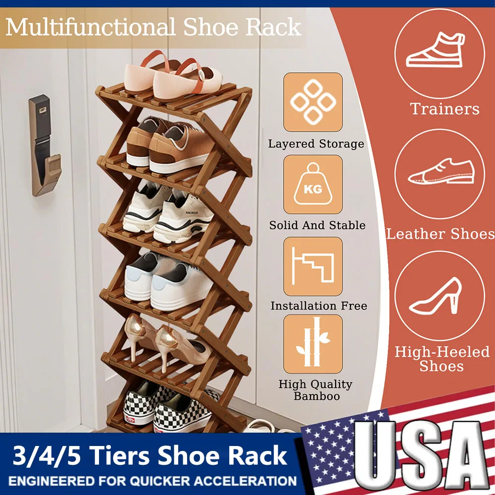 

Multi Layer Shoe Rack Bamboo Made Telescopic Doorway Shoes Rack No Installation Required Frame Household Foldable Book Shelves