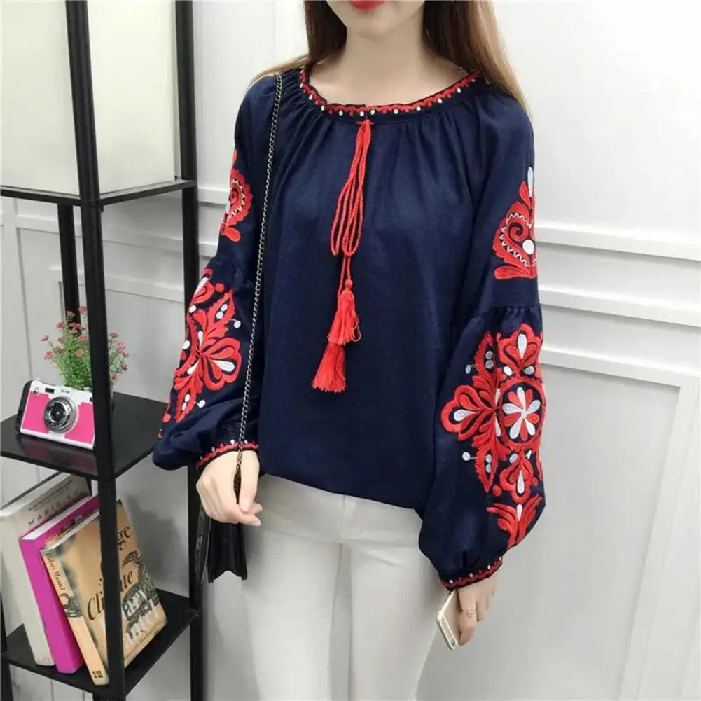 

Women Loose Embroidered Shirt Ethnic Style Embroidered Pattern Women's Summer Shirt Loose Fit Blouse with Lantern Sleeves Round