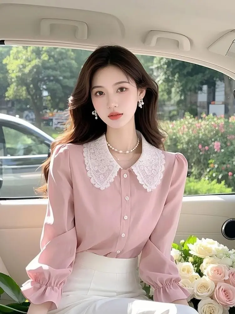 

2026 Early Spring Vintage Blouse High Quality Shirt For Women Elegant Shirt Sweet Peter Pan Collar Blouse Beautiful Pink Tops