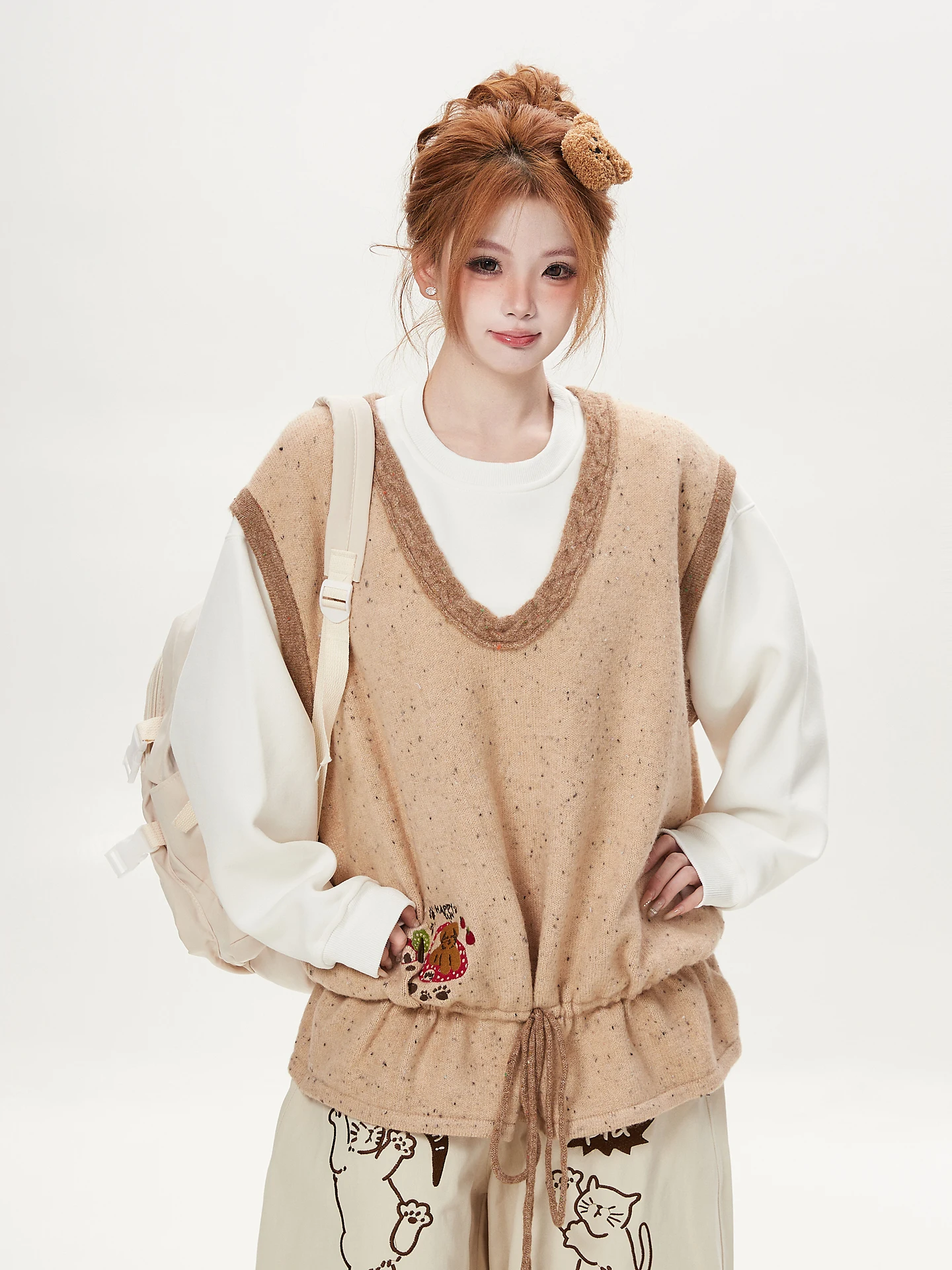 Elegant Soft V-neck Sweater Vest Women's Outerwear Loose Embroidered Letter Knitwear Vest Girl's Casual Style Polyester Blend