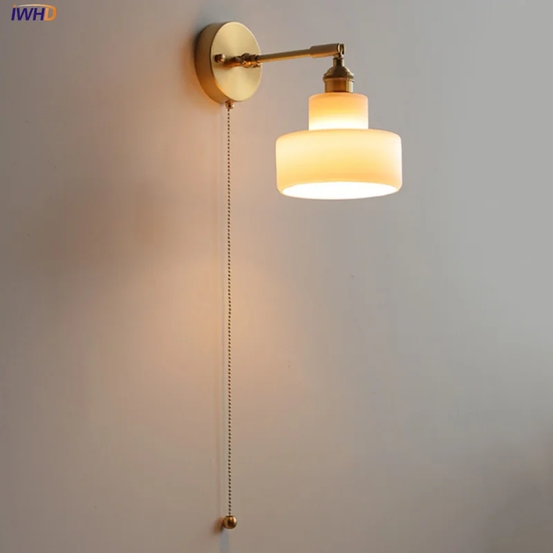 

IWHD Simple Brass LED Wall Lamp Sconce Up Down Rotate Hallway Kitchen Pull Chain Switch Glass Nordic Modern Stair Light Fixture