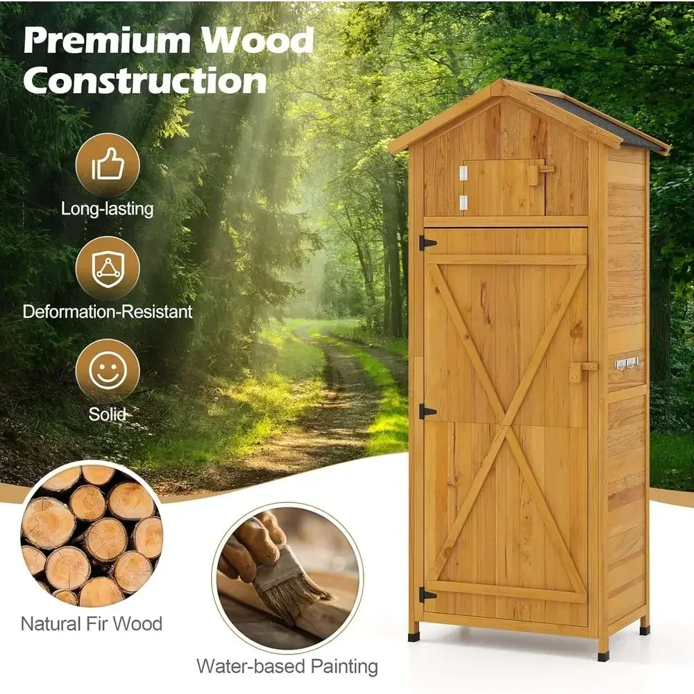 70 Tall Lockable Wooden Storage Cabinet with Foldable Work Table, Utility Organizer, Shelves & Hooks, Waterproof Outdoor Shed (N