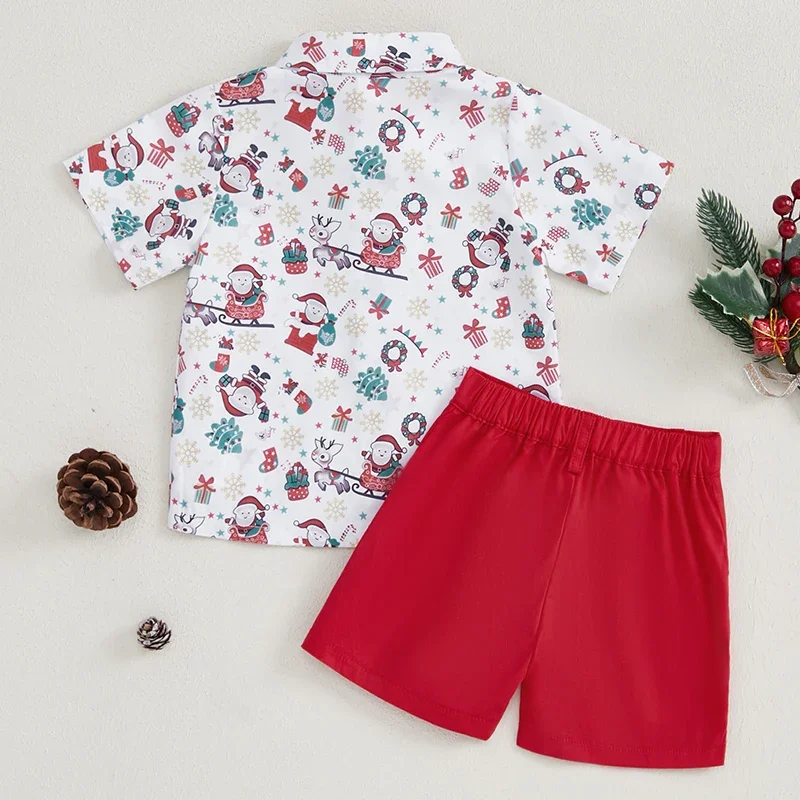 Tregren Toddler Boys Christmas Outfits Santa Print Bowtie Short Sleeve Shirts Tops and Shorts 2Pcs Gentleman Clothes Set