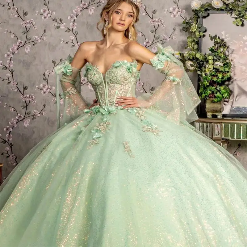 Vestido Quinceanera fora do ombro com miçangas de renda lantejoulas, vestido brilhante fora do ombro, apliques e renda, verde, 15, 2024