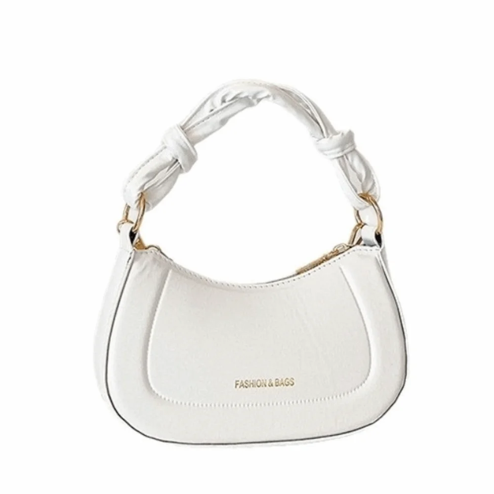 Minimalist PU Knotted Handle Crossbody Bag Polyester Lining Pleated Underarm Bag Solid Color Zipper Closure Handbag Daily Use