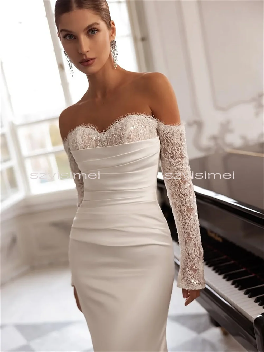 Simple Satin Mermaid Wedding Dress 3/4 Sleeve Elegant Bride Ceremony Gown Removable Train Wedding Gown robe de mariée