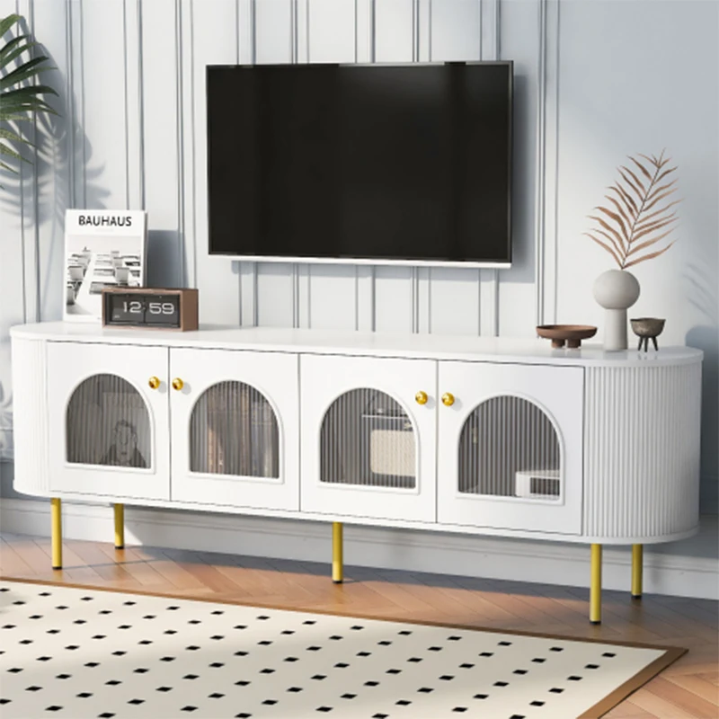 U-Can Modern TV Stand for TVs up to 80 Inches, Entertainment Center with 4 Cabinets, Wood Media Console.White