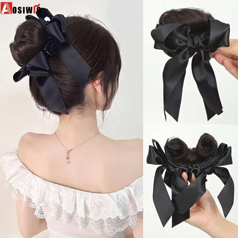 

Aosiwig Synthetic Bow Claw Clip Chignon Messy Bun Hair Piece Wavy Curly Hair Bun Ponytail Extensions Hairpieces for Women Girl