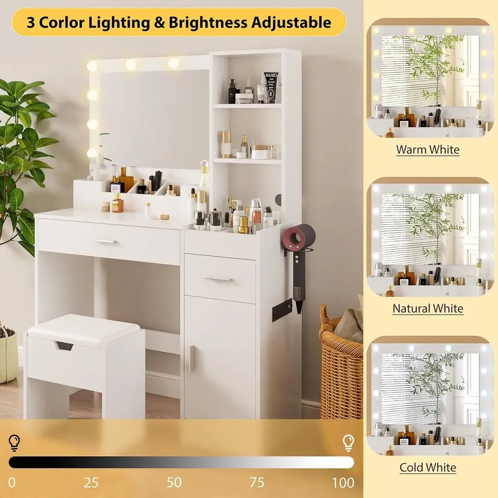 Weißer 39,2-W-Schminktisch mit Spiegel, Beleuchtung und Ladestation, 3 Beleuchtungsmodi, Aufbewahrungsstuhl-Set für Schlafzimmer