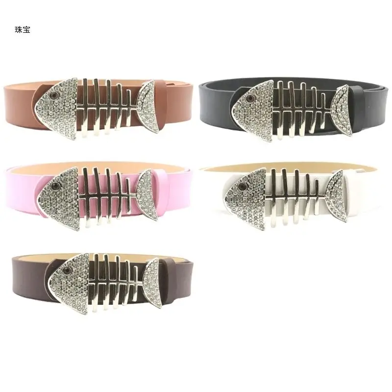 X5QE Teens Cool Hiphop Belt for Jeans Pants Women Punk Crystal Fishbones Buckle Belt