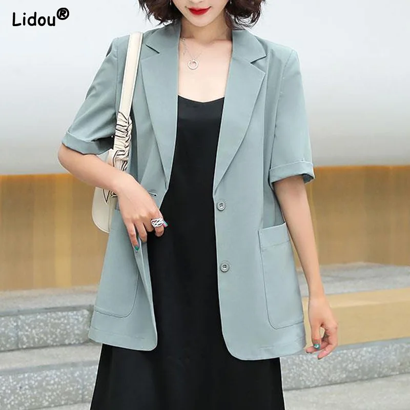 

Casual Vintage Blazers Fashion Office Lady Pockets Loose Button Notched Summer Thin Coat Straight Tops Women's Clothing Solid