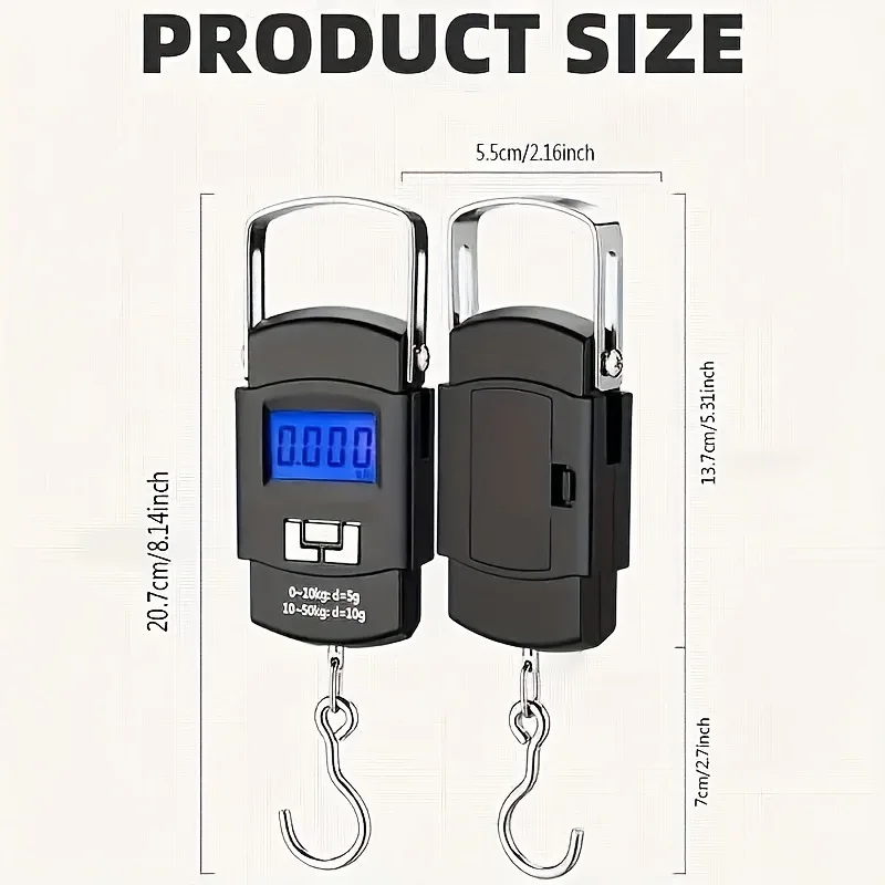 Portable Digital Hanging Luggage Scale, High Precision Handheld Spring Hook Weight Scale 10g-50kg for Travel Weighing