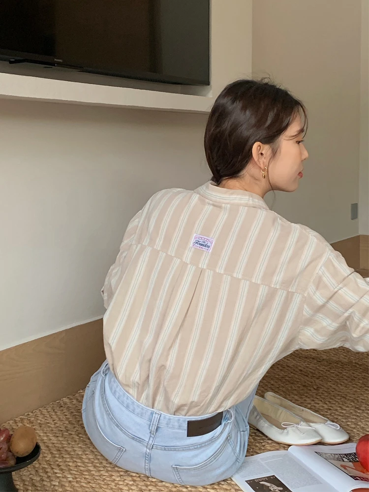 

Korean High-End Apricot Vertical Stripes Women's Casual Long Sve irt Autumn New Design Small Faion Cotton Blend Blouse