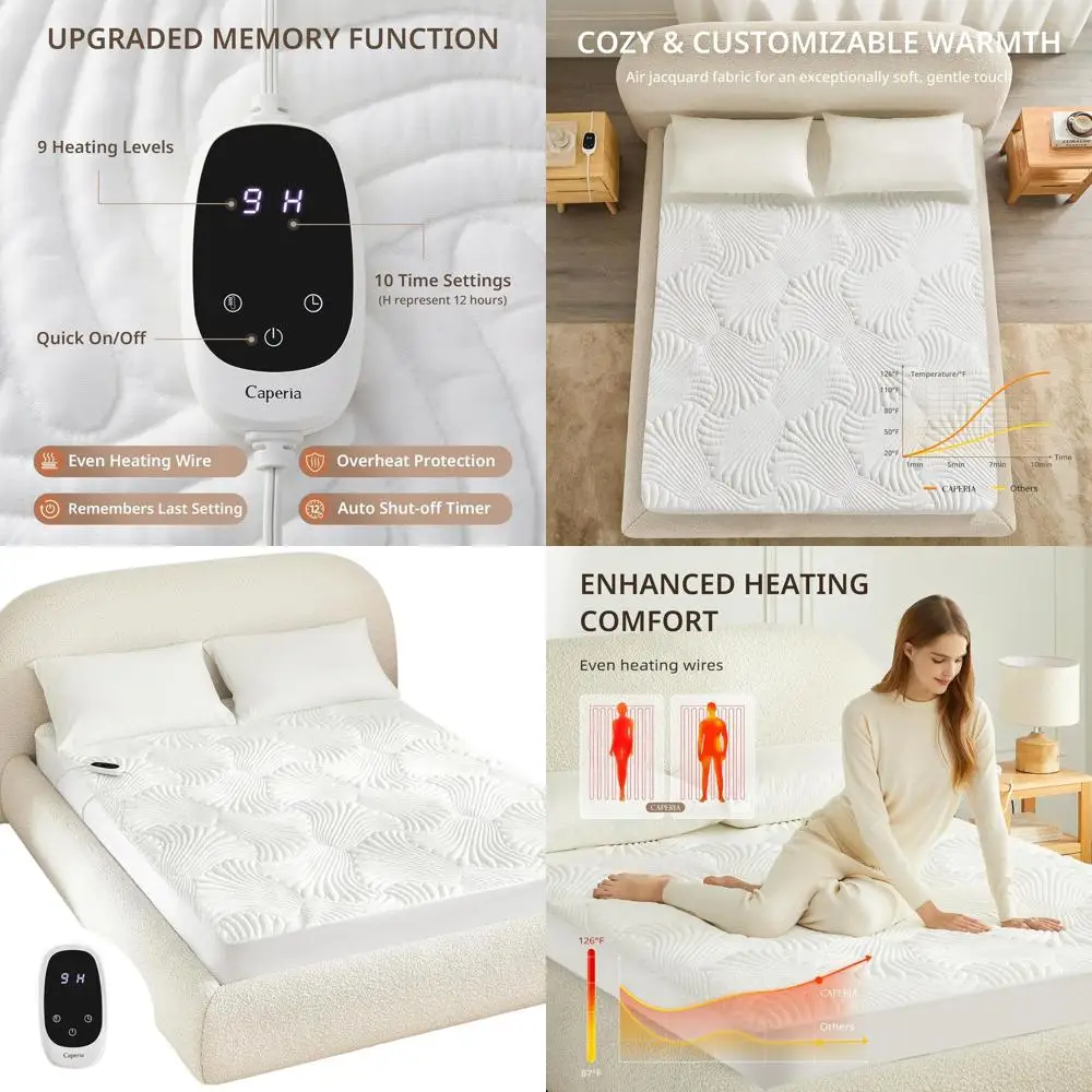 

Electric Bed Warmer Pad with 9 Heat Levels, Memory, 1-12H Auto-Off, Deep Pocket, Washable, 54x75