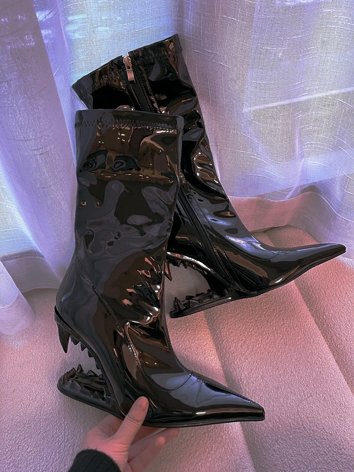 Patent Leather Pointed Toe Stretch Ankle Morso Boots Ladies Wedge High Heeled Pink Green White Candy Color Matching Stitching
