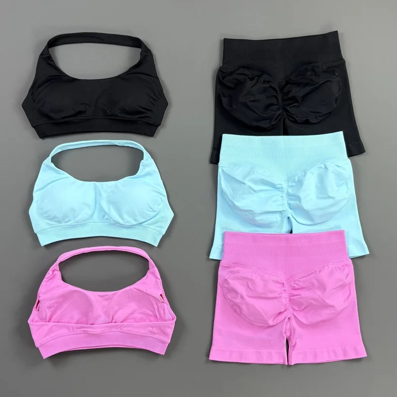 2 Piece HISTELLO Impact Gym Set Women Sports Bra Shorts Sets Open Back Scrunch Butt Seamless Workout Jogging Sports Training Set