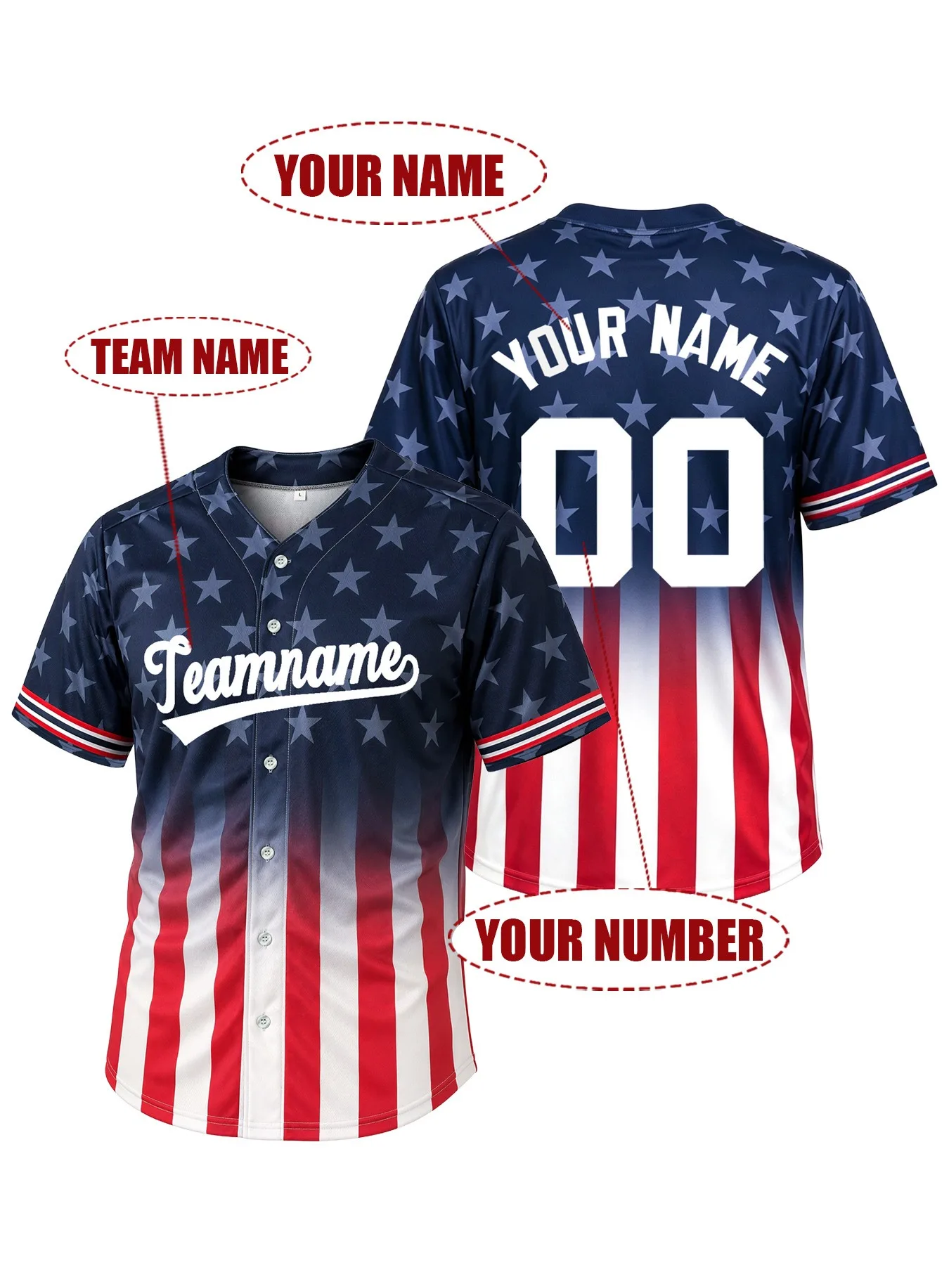 Custom Baseball Jersey Men Women Personalized Team Name Number American Flag Design Short Sleeve Sports Uniform Casual Shirt