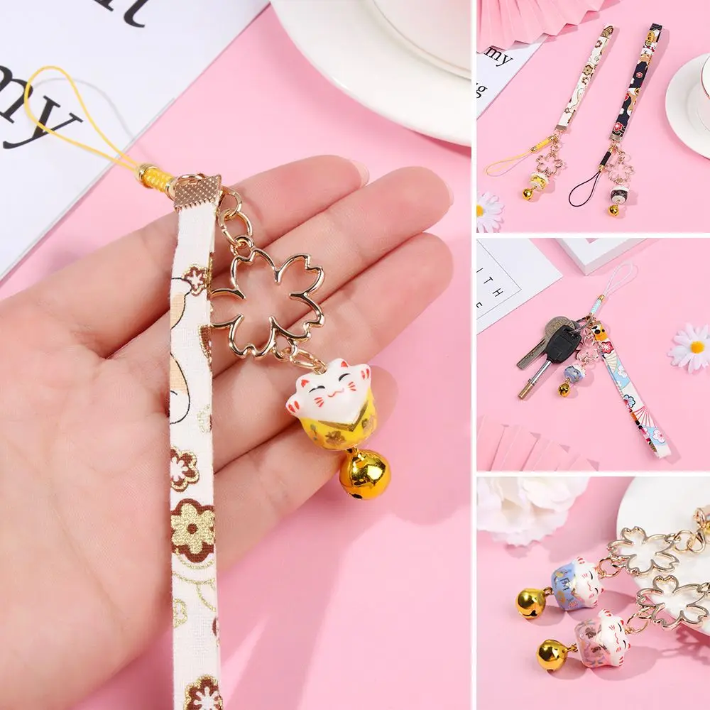 Phone Strap Lanyard Hang Rope Lucky Cat Bell Sakura Phone Lanyard Keychain Wrist Rope Anti-lost Lanyard Phone Strap Lanyard