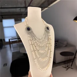 22''-32'' 6 Strands Natural White Pearl Crystal Chain Paved CZ Connector Long Necklace Handmade For Lady