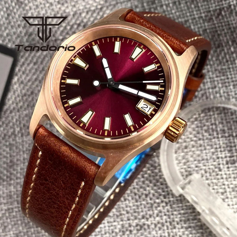 Tandorio NH35A Cusn8 Bronze 200M 36mm Lady Men\'s Pilot Automatic Watch Luminous Purple Sunburst Dial Sapphire Glass Date Leather