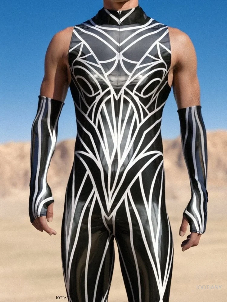 Halloween Network Jumpsuit Suit Print Irregular Lines Adult Cosplay Bodysuit Carnival Party Men's Sun Protection Cycling Tights