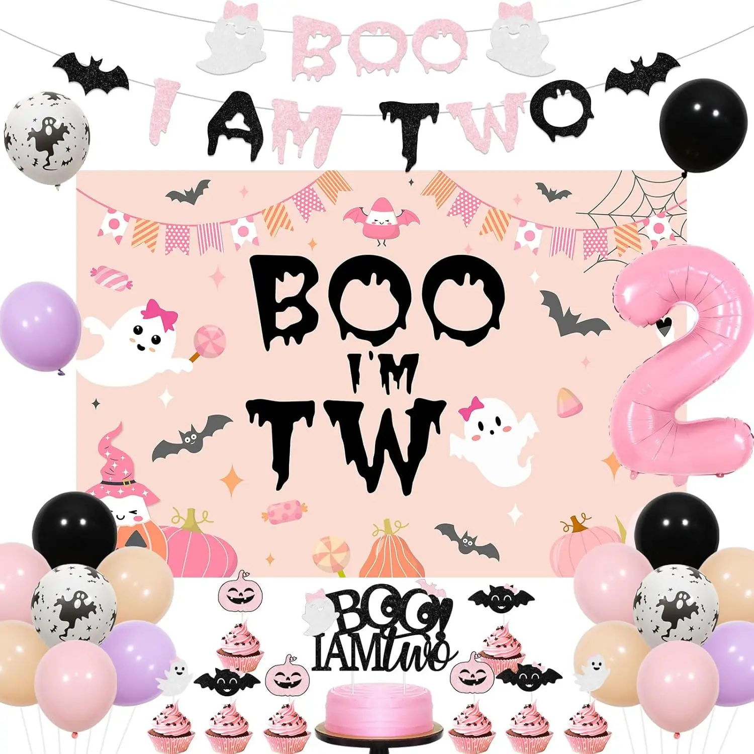 

Kreatwow Halloween 2nd Birthday Decorations for Girl Pink Purple Boo Banner Decor Balloon Cake Topper Two Spooky Party Decor