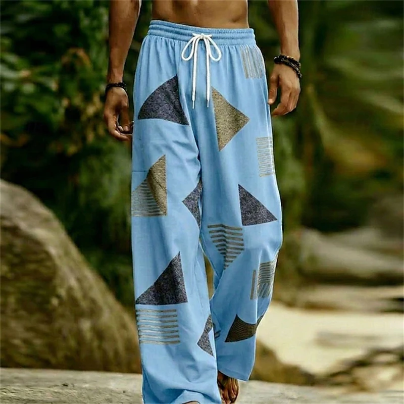 New Men's Simple Patterned Casual Straight-Leg Pants Oversized Loose Fit with Drawstring Spring Fall Pants Beach Pants