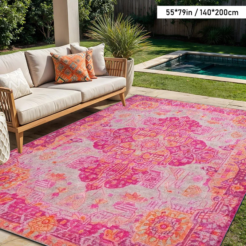 VIKAMA Pink Vintage Medallion Area Rug,Non‑Slip Mat,Boho Oriental Print Carpet for Patio Deck Living Room Indoor Outdoor Decor