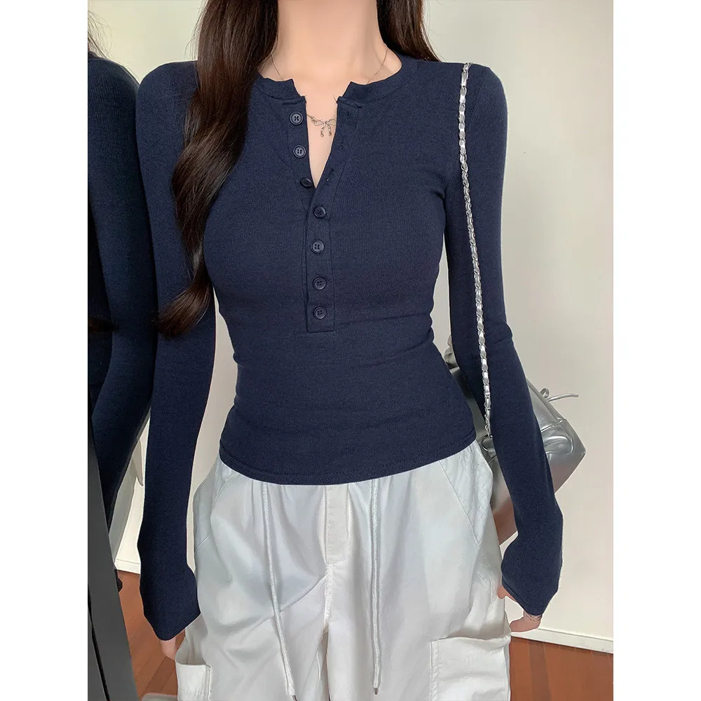 Women's Thread Tight Fashion Sexy Long Sleeve T-shirt Korean Solid Color Bottom Button Knitted Top