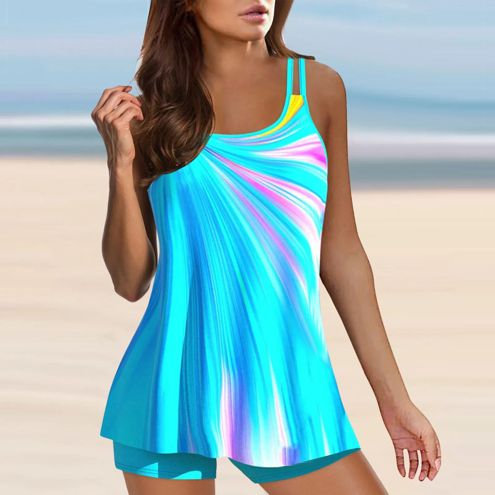 Female Bathing Suits Sexy Summer Swimwears Vintage Print Strappy Back Tankini Set Two Piece Swimdress Panty Bathing Suits