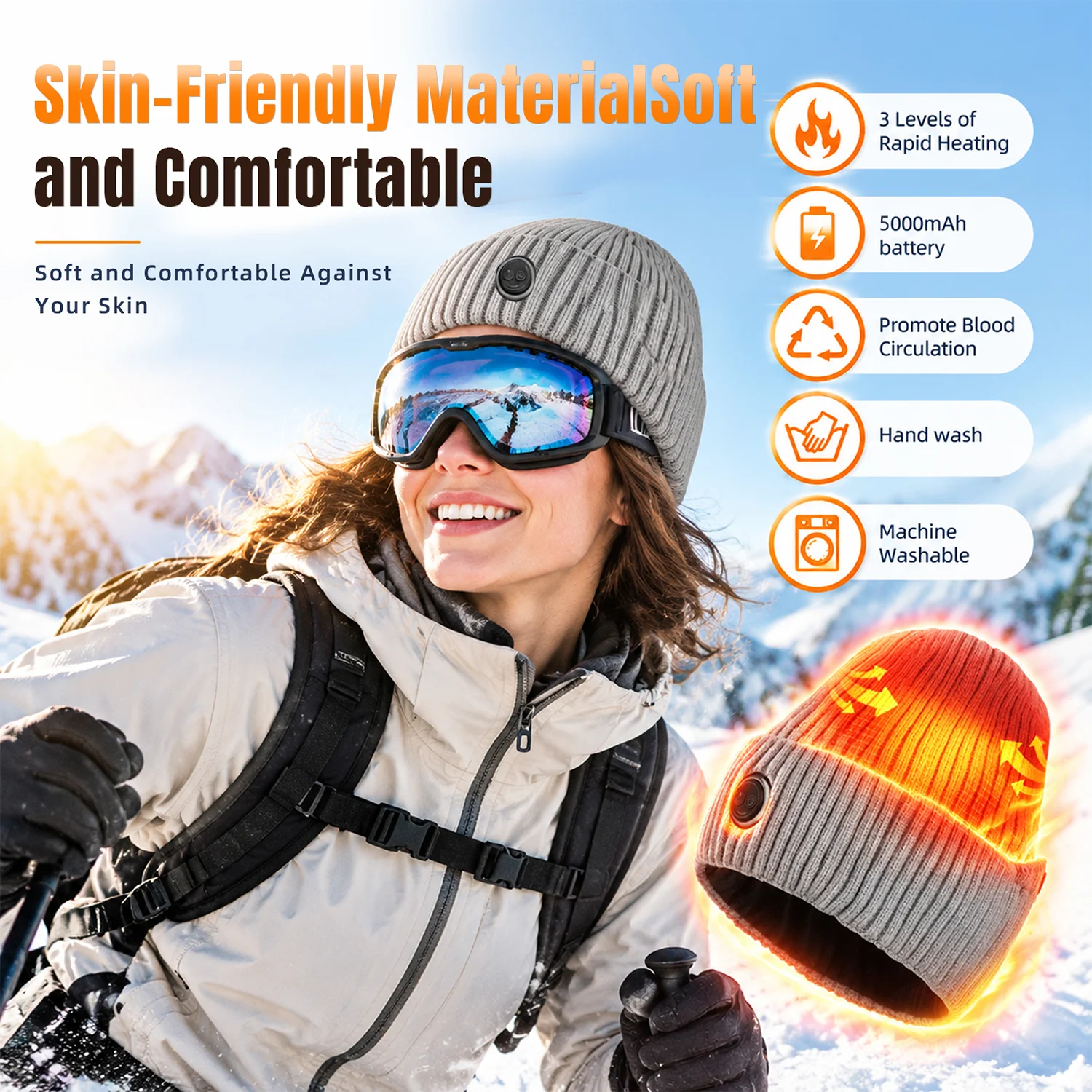 Heated Hat with 5000mAh Rechargeable Battery, 3-Level Temperature Control, Fast Heating Winter Warm Cap, Gray, Unisex Electric Heated Beanie for Outdoor Camping Skiing